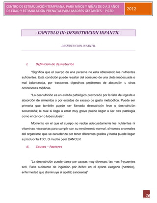 CENTRO DE ESTIMULACIÓN TEMPRANA, PARA NIÑOS Y NIÑAS DE 0 A 3 AÑOS
DE EDAD Y ESTIMULACIÓN PRENATAL PARA MADRES GESTANTES – PICED                         2012




                     CAPITULO III: DESNUTRICION INFANTIL

                                       DESNUTRICION INFANTIL




           I.       Definición de desnutrición

                 “Significa que el cuerpo de una persona no esta obteniendo los nutrientes
        suficientes. Esta condición puede resultar del consumo de una dieta inadecuada o
        mal balanceada, por trastornos digestivos problemas de absorción u otras
        condiciones médicas.

                 “La desnutrición es un estado patológico provocado por la falta de ingesta o
        absorción de alimentos o por estados de exceso de gasto metabólico. Puede ser
        primaria que también puede ser llamada desnutrición leve o desnutrición
        secundaria; la cual si llega a estar muy grave puede llegar a ser otra patología
        como el cáncer o tuberculosis”.

                 Momento en el que el cuerpo no recibe adecuadamente los nutrientes ni
        vitaminas necesarias para cumplir con su rendimiento normal, síntomas anormales
        del organismo que se caracteriza por tener diferentes grados y hasta puede llegar
        a producir la TBC. O mucho peor CANCER

           II.      Causas – Factores



                 “La desnutrición puede darse por causas muy diversas; las mas frecuentes
        son, Falta suficiente de ingestión por déficit en el aporte exógeno (hambre),
        enfermedad que disminuye el apetito (anorexia)”




                                                                                                16
 