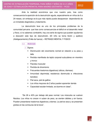 CENTRO DE ESTIMULACIÓN TEMPRANA, PARA NIÑOS Y NIÑAS DE 0 A 3 AÑOS
DE EDAD Y ESTIMULACIÓN PRENATAL PARA MADRES GESTANTES – PICED                         2012

                  Ante la realidad económica que vive nuestro país, trae como
        consecuencia la aparición de la desnutrición aguda, especialmente en niños de 6 a
        24 meses, sin embargo es la que más rápido puede desaparecer dependiendo de
        un inmediato diagnóstico y tratamiento.

                  La desnutrición leve es uno de los principales problemas de la
        comunidad peruana que trae como consecuencias el déficit en el desarrollo metal
        y físico, si no sabemos combatirlo, hay una serie de signos que pueden ayudarnos
        a descubrir este tipo de desnutrición. (El niño se torna llorón y apático)
        (Adelgazamiento) (Falta de fuerza) – RETRASO MENTAL Y FISICO

                  1.2.     Moderada

                          Signos
                              Disminución del crecimiento normal en relación a su peso y
                               talla
                              Perdida manifiesta de tejido corporal subcutáneo en miembro
                               y tronco
                              Flacidez muscular
                              Perdida de dinamismo
                              Frecuentes trastornos digestivos( cólicos, diarreas)
                              Inmunidad deprimida( resistencia disminuida e infecciones
                               banales)
                              Piel seca, piel de gallina
                              Los niños mayores de 2 años pueden aparentar demás
                              Capacidad escolar limitada, se duerme en clase”.



                  “De 26 a 40% por debajo del peso normal. Los músculos se vuelven
        flácidos. Los niños no crecen ni suben de peso, se sienten débiles y sin fuerza.
        Pueden presentarse trastornos digestivos y diarrea. La piel es seca y se presentan
        grietas en las comisuras de la boca”.




                                                                                             19
 