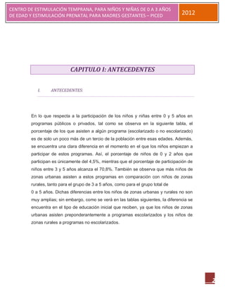 CENTRO DE ESTIMULACIÓN TEMPRANA, PARA NIÑOS Y NIÑAS DE 0 A 3 AÑOS
DE EDAD Y ESTIMULACIÓN PRENATAL PARA MADRES GESTANTES – PICED                      2012




                            CAPITULO I: ANTECEDENTES


           I.     ANTECEDENTES:




        En lo que respecta a la participación de los niños y niñas entre 0 y 5 años en
        programas públicos o privados, tal como se observa en la siguiente tabla, el
        porcentaje de los que asisten a algún programa (escolarizado o no escolarizado)
        es de solo un poco más de un tercio de la población entre esas edades. Además,
        se encuentra una clara diferencia en el momento en el que los niños empiezan a
        participar de estos programas. Así, el porcentaje de niños de 0 y 2 años que
        participan es únicamente del 4,5%, mientras que el porcentaje de participación de
        niños entre 3 y 5 años alcanza el 70,8%. También se observa que más niños de
        zonas urbanas asisten a estos programas en comparación con niños de zonas
        rurales, tanto para el grupo de 3 a 5 años, como para el grupo total de
        0 a 5 años. Dichas diferencias entre los niños de zonas urbanas y rurales no son
        muy amplias; sin embargo, como se verá en las tablas siguientes, la diferencia se
        encuentra en el tipo de educación inicial que reciben, ya que los niños de zonas
        urbanas asisten preponderantemente a programas escolarizados y los niños de
        zonas rurales a programas no escolarizados.




                                                                                            2
 
