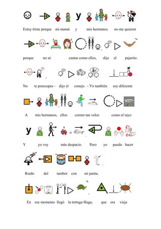 Estoy triste porque mi mamá

y

mis hermanos

no me quieren

,
porque

no sé

cantar como ellos,

,
No

dijo

el

pajarito.

.

te preocupes – dijo el

conejo. - Yo también

soy diferente

,
A

mis hermanos, ellos

corren tan veloz

como el rayo

.
Y

yo voy

más despacio.

Pero

yo

puedo hacer

.
Ruido

del

tambor con

mi patita.

,
En ese momento llegó la tortuga Huga,

que era

vieja

 