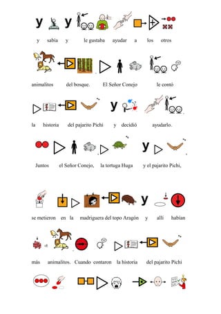 y

sabía

y

le gustaba

ayudar

a

los

otros

.
animalitos

del bosque.

El Señor Conejo

le contó

.
la

historia

del pajarito Pichi

y decidió

ayudarlo.

,
Juntos

el Señor Conejo,

se metieron en la

,
la tortuga Huga

madriguera del topo Aragón

y el pajarito Pichi,

y

allí

habían

.
más

animalitos. Cuando contaron la historia

del pajarito Pichi

 