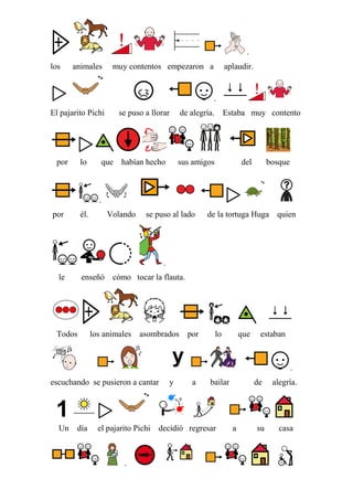 .
los

animales

muy contentos empezaron a

aplaudir.

.
El pajarito Pichi

por

lo

se puso a llorar

que habían hecho

de alegría. Estaba muy contento

sus amigos

del

bosque

.
por

él.

Volando

se puso al lado

de la tortuga Huga quien

.
le

enseñó cómo tocar la flauta.

Todos

los animales asombrados por

lo

que

estaban

.
escuchando se pusieron a cantar

Un día

y

a

bailar

el pajarito Pichi decidió regresar

.

de

a

su

alegría.

casa

 