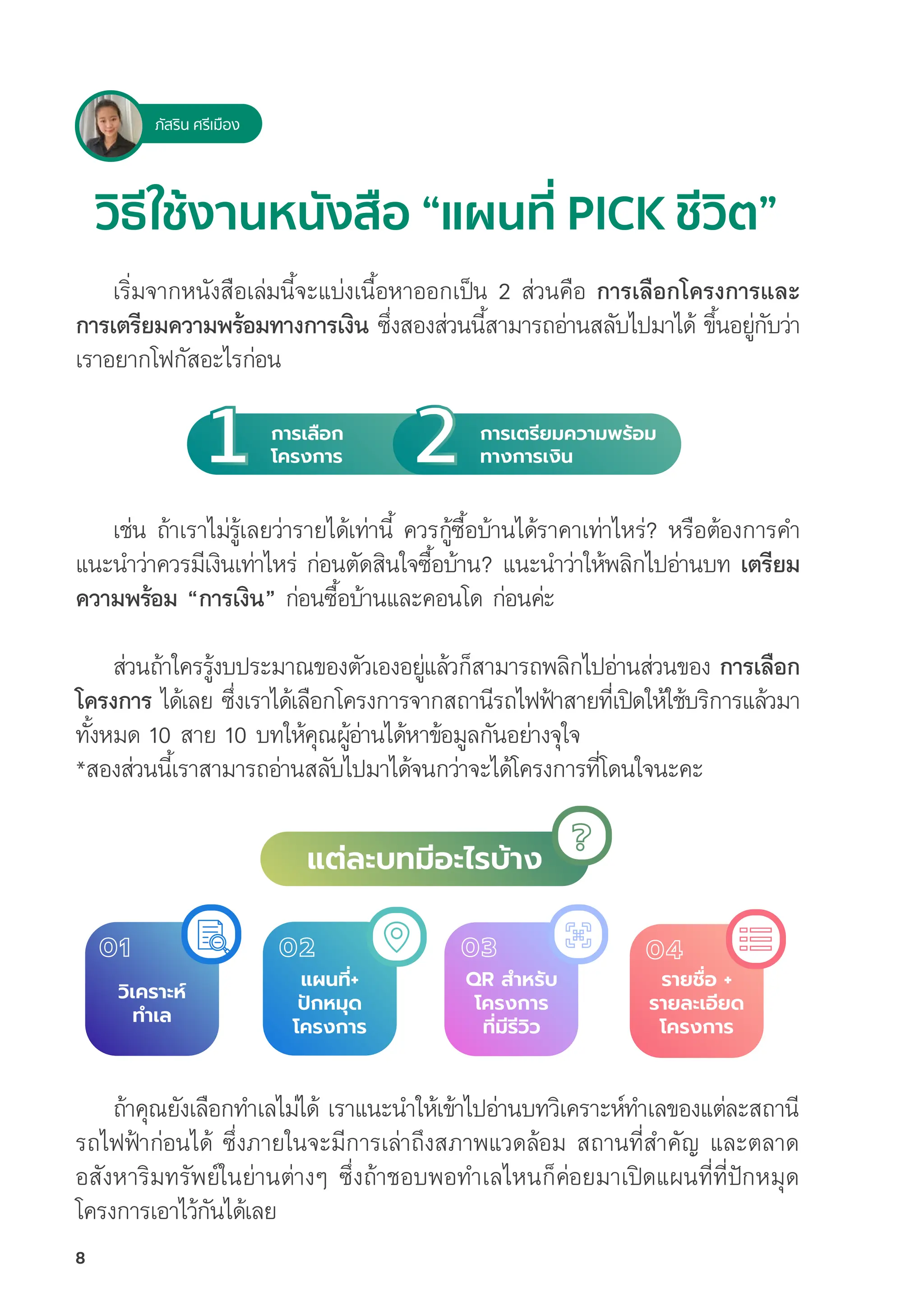 วิิธีีใช้้งานหนัังสืือ “แผนที่่� PICK ชีีวิิต”
เริ่่�มจากหนัังสืือเล่่มนี้้�จะแบ่่งเนื้้�อหาออกเป็็น 2 ส่่วนคืือ การเลืือกโครงการและ
การเตรีียมความพร้้อมทางการเงิิน ซึ่่�งสองส่่วนนี้้�สามารถอ่่านสลัับไปมาได้้ ขึ้้�นอยู่่�กัับว่่า
เราอยากโฟกััสอะไรก่่อน
เช่่น ถ้้าเราไม่่รู้้�เลยว่่ารายได้้เท่่านี้้� ควรกู้้�ซื้้�อบ้้านได้้ราคาเท่่าไหร่่? หรืือต้้องการคำ
แนะนำว่่าควรมีีเงิินเท่่าไหร่่ ก่่อนตััดสิินใจซื้้�อบ้้าน? แนะนำว่่าให้้พลิิกไปอ่่านบท เตรีียม
ความพร้้อม “การเงิิน” ก่่อนซื้้�อบ้้านและคอนโด ก่่อนค่่ะ
ส่่วนถ้้าใครรู้้�งบประมาณของตััวเองอยู่่�แล้้วก็็สามารถพลิิกไปอ่่านส่่วนของ การเลืือก
โครงการ ได้้เลย ซึ่่�งเราได้้เลืือกโครงการจากสถานีีรถไฟฟ้้าสายที่่�เปิิดให้้ใช้้บริิการแล้้วมา
ทั้้�งหมด 10 สาย 10 บทให้้คุุณผู้้�อ่่านได้้หาข้้อมููลกัันอย่่างจุุใจ
*สองส่่วนนี้้�เราสามารถอ่่านสลัับไปมาได้้จนกว่่าจะได้้โครงการที่่�โดนใจนะคะ
ถ้้าคุุณยัังเลืือกทำเลไม่่ได้้ เราแนะนำให้้เข้้าไปอ่่านบทวิิเคราะห์์ทำเลของแต่่ละสถานีี
รถไฟฟ้้าก่่อนได้้ ซึ่่�งภายในจะมีีการเล่่าถึึงสภาพแวดล้้อม สถานที่่�สำคััญ และตลาด
อสัังหาริิมทรััพย์์ในย่่านต่่างๆ ซึ่่�งถ้้าชอบพอทำเลไหนก็็ค่่อยมาเปิิดแผนที่่�ที่่�ปัักหมุุด
โครงการเอาไว้้กัันได้้เลย
ภัสริน ศรีเมือง
การเตรียมความพร้อม
ทางการเงิน
การเลือก
โครงการ
วิเคราะห์
ทำเล
แผนที่+
ปักหมุด
โครงการ
QR สําหรับ
โครงการ
ที่มีรีวิว
รายชื่อ +
รายละเอียด
โครงการ
แต่ละบทมีอะไรบ้าง
8
 