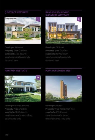 Developer: Q.House
Property Type: บ้้านเดี่่�ยว
ราคาเริ่่�มต้้น: 7.69 ล้้านบาท
ระยะห่่างจาก สถานีีคลองบางไผ่่
ประมาณ 2.2 กม.
Q DISTRICT WESTGATE
1
Developer: SC Asset
Property Type: บ้้านเดี่่�ยว
ราคาเริ่่�มต้้น: 16.99 ล้้านบาท
ระยะห่่างจาก สถานีีคลองบางไผ่่
ประมาณ 3.0 กม.
BANGKOK BOULEVARD
SIGNATURE WESTGATE
3
Developer: Land  Houses
Property Type: บ้้านเดี่่�ยว
ราคาเริ่่�มต้้น: 12.80 ล้้านบาท
ระยะห่่างจาก สถานีีตลาดบางใหญ่่
ประมาณ 300 เมตร
MANTANA WESTGATE
11
Developer: Pruksa
Property Type: คอนโด High Rise
ราคาเริ่่�มต้้น: 1.59 ล้้านบาท
ระยะห่่างจาก สถานีีสามแยก
บางใหญ่่ ประมาณ 400 เมตร
PLUM CONDO NEW WEST
12
142
 