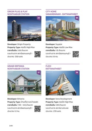 Developer: Origin Property
Property Type: คอนโด High Rise
ราคาเริ่่�มต้้น: 2.69 ล้้านบาท
ระยะห่่างจาก สถานีีแยกนนทบุุรีี 1
ประมาณ 250 เมตร
ORIGIN PLUG  PLAY
NONTHABURI STATION
24
Developer: Supalai
Property Type: คอนโด Low Rise
ราคาเริ่่�มต้้น: 1.15 ล้้านบาท
ระยะห่่างจาก สถานีีแยกนนทบุุรีี 1
ประมาณ 1.6 กม.
CITY HOME
SANAMBINNAM - RATTANATHIBET
26
Developer: Britania
Property Type: บ้้านเดี่่�ยว และบ้้านแฝด
ราคาเริ่่�มต้้น: 7.99 - 14.6 ล้้านบาท
ระยะห่่างจาก สถานีีแยกนนทบุุรีี 1
ประมาณ 1.2 กม.
GRAND BRITANIA
NONTHABURI STATION
27
Developer: Sena Development
Property Type: คอนโด High Rise
ราคาเริ่่�มต้้น: 1.89 ล้้านบาท
ระยะห่่างจาก สถานีีบางกระสอ
ประมาณ 270 เมตร
FLEXI
RATTANATHIBET
29
144
 
