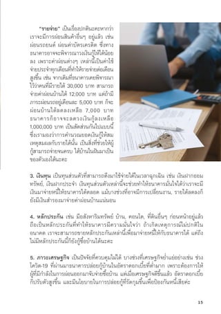 “รายจ่่าย” เป็็นเรื่่�องปกติินะคะหากว่่า
เราจะมีีการผ่่อนสิินค้้าอื่่�นๆ อยู่่�แล้้ว เช่่น
ผ่่อนรถยนต์์ ผ่่อนค่่าบััตรเครดิิต ซึ่่�งทาง
ธนาคารอาจจะพิิจารณาวงเงิินกู้้�ให้้ได้้น้้อย
ลง เพราะค่่าผ่่อนต่่างๆ เหล่่านี้้�เป็็นค่่าใช้้
จ่่ายประจำทุุกเดืือนที่่�ทำให้้รายจ่่ายต่่อเดืือน
สููงขึ้้�น เช่่น จากเดิิมที่่�ธนาคารเคยพิิจารณา
ไว้้ว่่าคนที่่�มีีรายได้้ 30,000 บาท สามารถ
จ่่ายค่่าผ่่อนบ้้านได้้ 12,000 บาท แต่่ถ้้ามีี
ภาระผ่่อนรถอยู่่�เดืือนละ 5,000 บาท ก็็จะ
ผ่่อนบ้้านได้้ลดลงเหลืือ 7,000 บาท
ธนาคารก็็อาจจะลดวงเงิินกู้้�ลงเหลืือ 
1,000,000 บาท เป็็นสััดส่่วนกัันไปแบบนี้้�
ซึ่่�งเรามองว่่าการคำนวณยอดเงิินกู้้�ให้้สม
เหตุุสมผลกัับรายได้้นั้้�น เป็็นสิ่่�งที่่�ช่่วยให้้ผู้้�
กู้้�สามารถจ่่ายจนครบ ได้้บ้้านในฝัันมาเป็็น
ของตััวเองได้้นะคะ
3. เงิินทุุน เป็็นทุุนส่่วนตััวที่่�สามารถดึึงมาใช้้จ่่ายได้้ในเวลาฉุุกเฉิิน เช่่น เงิินฝากออม
ทรััพย์์, เงิินฝากประจำ เงิินทุุนส่่วนตััวเหล่่านี้้�จะช่่วยทำให้้ธนาคารมั่่�นใจได้้ว่่าเราจะมีี
เงิินมาจ่่ายหนี้้�ให้้ธนาคารได้้ตลอด แม้้บางช่่วงที่่�อาจมีีการเปลี่่�ยนงาน, รายได้้ลดลงก็็
ยัังมีีเงิินสำรองมาจ่่ายค่่าผ่่อนบ้้านแน่่นอน
4. หลัักประกััน เช่่น มีีอสัังหาริิมทรััพย์์ บ้้าน, คอนโด, ที่่�ดิินอื่่�นๆ ก่่อนหน้้าอยู่่�แล้้ว
ถืือเป็็นหลัักประกัันที่่�ทำให้้ธนาคารมีีความมั่่�นใจว่่า ถ้้าเกิิดเหตุุการณ์์ไม่่ปกติิใน
อนาคต เราจะสามารถขายหลัักประกัันเหล่่านี้้�เพื่่�อมาจ่่ายหนี้้�ให้้กัับธนาคารได้้ แต่่ถึึง
ไม่่มีีหลัักประกัันนี้้�ก็็ยัังกู้้�ซื้้�อบ้้านได้้นะคะ
5. ภาวะเศรษฐกิิจ เป็็นปััจจััยที่่�ควบคุุมไม่่ได้้ บางช่่วงที่่�เศรษฐกิิจย่่ำแย่่อย่่างเช่่น ช่่วง
โควิิด-19 ที่่�ผ่่านมาธนาคารปล่่อยกู้้�บ้้านในอััตราดอกเบี้้�ยที่่�ต่่ำมาก เพราะต้้องการให้้
ผู้้�ที่่�มีีกำลัังในการผ่่อนออกมาจัับจ่่ายซื้้�อบ้้าน แต่่เมื่่�อเศรษฐกิิจดีีขึ้้�นแล้้ว อััตราดอกเบี้้�ย
ก็็ปรัับตััวสููงขึ้้�น และมีีนโยบายในการปล่่อยกู้้�ที่่�รััดกุุมขึ้้�นเพื่่�อป้้องกัันหนี้้�เสีียค่่ะ
15
 