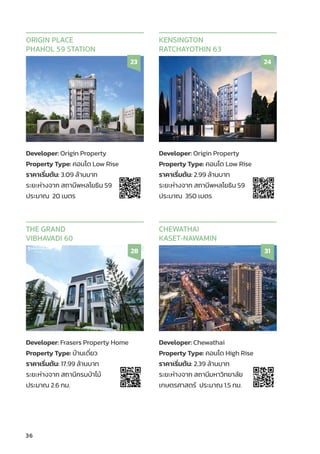 36
Developer: Origin Property
Property Type: คอนโด Low Rise
ราคาเริ่่�มต้้น: 3.09 ล้้านบาท
ระยะห่่างจาก สถานีีพหลโยธิิน 59
ประมาณ 20 เมตร
ORIGIN PLACE
PHAHOL 59 STATION
23
Developer: Origin Property
Property Type: คอนโด Low Rise
ราคาเริ่่�มต้้น: 2.99 ล้้านบาท
ระยะห่่างจาก สถานีีพหลโยธิิน 59
ประมาณ 350 เมตร
KENSINGTON
RATCHAYOTHIN 63
24
Developer: Frasers Property Home
Property Type: บ้้านเดี่่�ยว
ราคาเริ่่�มต้้น: 17.99 ล้้านบาท
ระยะห่่างจาก สถานีีกรมป่่าไม้้
ประมาณ 2.6 กม.
THE GRAND
VIBHA
VADI 60
28
Developer: Chewathai
Property Type: คอนโด High Rise
ราคาเริ่่�มต้้น: 2.39 ล้้านบาท
ระยะห่่างจาก สถานีีมหาวิิทยาลััย
เกษตรศาสตร์์ ประมาณ 1.5 กม.
CHEWATHAI
KASET-NAWAMIN
31
 