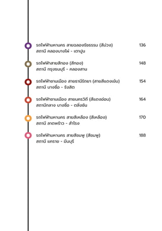 รถไฟฟ้้ามหานคร สายฉลองรััชธรรม (สีีม่่วง) 136
สถานีี คลองบางไผ่่ - เตาปููน
รถไฟฟ้้าสายสีีทอง (สีีทอง) 148
สถานีี กรุุงธนบุุรีี - คลองสาน
รถไฟฟ้้าชานเมืือง สายธานีีรััถยา (สายสีีแดงเข้้ม) 154
สถานีี บางซื่่�อ - รัังสิิต
รถไฟฟ้้าชานเมืือง สายนครวิิถีี (สีีแดงอ่่อน) 164
สถานีีกลาง บางซื่่�อ - ตลิ่่�งชััน
รถไฟฟ้้ามหานคร สายสีีเหลืือง (สีีเหลืือง) 170
สถานีี ลาดพร้้าว - สำำ�โรง
รถไฟฟ้้ามหานคร สายสีีชมพูู (สีีชมพูู) 188
สถานีี แคราย - มีีนบุุรีี
 