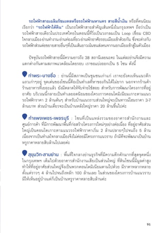 รถไฟฟ้้าสายเฉลิิมรััชมงคลหรืือรถไฟฟ้้ามหานคร สายสีีน้้ำเงิิน หรืือที่่�คนนิิยม
เรีียกว่่า “รถไฟฟ้้าใต้้ดิิน” เป็็นรถไฟฟ้้าสายสำคััญเส้้นหนึ่่�งในกรุุงเทพฯ ถืือว่่าเป็็น
รถไฟฟ้้าสายเดีียวในประเทศไทยในตอนนี้้�ที่่�วิ่่�งเป็็นวงกลมเป็็น Loop เชื่่�อม CBD
ใจกลางเมืือง-ย่่านทำงาน-ย่่านท่่องเที่่�ยว-ย่่านพัักอาศััยรอบเมืืองเข้้าด้้วยกััน ซึ่่�งจะต่่างกัับ
รถไฟฟ้้าส่่วนต่่อขยายสายอื่่�นๆที่่�เป็็นเส้้นยาวเน้้นขนส่่งคนจากนอกเมืืองเข้้าสู่่�ในตััวเมืือง
	ปััจจุุบัันรถไฟฟ้้าสายนี้้�มีีความยาวถึึง 38 สถานีีเลยนะคะ ในแต่่ละย่่านจึึงมีีความ
แตกต่่างกัันตามสภาพแวดล้้อมโดยรอบ เราขอแบ่่งออกเป็็น 5 โซน ดัังนี้้�
ท่่าพระ-บางซื่่�อ : ย่่านนี้้�มีีสภาพเป็็นชุุมชนเก่่าแก่่ เราจะยัังคงเห็็นแนวตึึก
แถวเก่่าๆอยู่่� จุุดเด่่นของโซนนี้้�คืือเป็็นทำเลที่่�หาของกิินได้้ไม่่ยาก นอกจากร้้านค้้า
ร้้านอาหารที่่�เยอะแล้้ว ยัังมีีตลาดให้้จัับจ่่ายใช้้สอย สำหรัับการพััฒนาโครงการที่่�อยู่่�
อาศััย บริิเวณนี้้�กลายเป็็นทำเลยอดนิิยมของโครงการคอนโดมิิเนีียมเกาะตามแนว
รถไฟฟ้้าราคา 2 ล้้านต้้นๆ สำหรัับบ้้านแนวราบส่่วนใหญ่่จะเป็็นทาวน์์โฮมราคา 3-7
ล้้านบาท ส่่วนบ้้านเดี่่�ยวจะเป็็นบ้้านหลัังใหญ่่ราคา 20 ล้้านขึ้้�นไปค่่ะ
กำำ�แพงเพชร-เพชรบุุรีี : โซนที่่�เป็็นแหล่่งรวมของอาคารสำนัักงานและ
ศููนย์์การค้้า ที่่�มีีการพััฒนาพื้้�นที่่�ก่่อสร้้างโครงการใหม่่ๆอย่่างต่่อเนื่่�อง ที่่�อยู่่�อาศััยส่่วน
ใหญ่่เป็็นคอนโดเกาะตามแนวรถไฟฟ้้าราคาเริ่่�ม 2 ล้้านปลายๆไปจนถึึง 5 ล้้าน
เนื่่�องจากเป็็นทำเลใจกลางเมืืองจึึงไม่่ค่่อยมีีโครงการแนวราบ ถ้้ามีีทีีจะพััฒนาเป็็นบ้้าน
หรููราคาหลายสิิบล้้านไปเลยค่่ะ
สุุขุุมวิิท-สามย่่าน : พื้้�นที่่�ใจกลางย่่านธุุรกิิจที่่�มีีความคึึกคัักมากที่่�สุุดจุุดหนึ่่�ง
ในกรุุงเทพฯ เต็็มไปด้้วยอาคารสำนัักงานเสีียเป็็นส่่วนใหญ่่ ที่่�ดิินโซนนี้้�มีีมููลค่่าสููง
ทำให้้ที่่�อยู่่�อาศััยส่่วนใหญ่่จึึงเป็็นพวกคอนโดมิิเนีียมตามไปด้้วย มีีราคาหลากหลาย
ตั้้�งแต่่ราวๆ 4 ล้้านไปจนถึึงหลััก 100 ล้้านเลย ในส่่วนของโครงการบ้้านแนวราบ
มีีให้้เห็็นอยู่่�บ้้างแต่่ก็็เป็็นบ้้านหรููราคาหลายสิิบล้้านค่่ะ
91
 