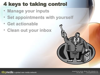 4 keys to taking control <ul><li>Manage your inputs </li></ul><ul><li>Set appointments with yourself </li></ul><ul><li>Get...