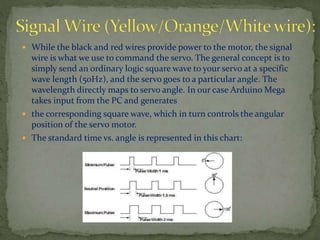  While the black and red wires provide power to the motor, the signal
wire is what we use to command the servo. The general concept is to
simply send an ordinary logic square wave to your servo at a specific
wave length (50Hz), and the servo goes to a particular angle. The
wavelength directly maps to servo angle. In our case Arduino Mega
takes input from the PC and generates
 the corresponding square wave, which in turn controls the angular
position of the servo motor.
 The standard time vs. angle is represented in this chart:
 