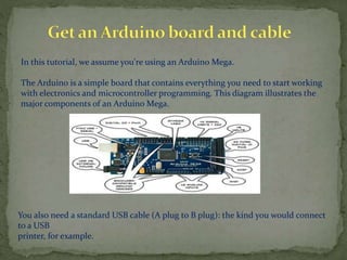 In this tutorial, we assume you're using an Arduino Mega.
The Arduino is a simple board that contains everything you need to start working
with electronics and microcontroller programming. This diagram illustrates the
major components of an Arduino Mega.
You also need a standard USB cable (A plug to B plug): the kind you would connect
to a USB
printer, for example.
 