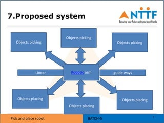 Pick and place robot BATCH-5Pick and place robot BATCH-5
7.Proposed system
Objects picking
Objects placing
Objects placing
Objects placing
Robotic arm
Objects picking
Objects picking
Linear guide ways
7
 