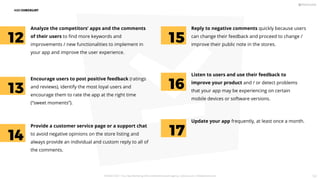ASO CHECKLIST
Analyze the competitors’ apps and the comments
of their users to ﬁnd more keywords and
improvements / new functionalities to implement in
your app and improve the user experience.
Reply to negative comments quickly because users
can change their feedback and proceed to change /
improve their public note in the stores.
Encourage users to post positive feedback (ratings
and reviews), identify the most loyal users and
encourage them to rate the app at the right time
(“sweet moments”).
Provide a customer service page or a support chat
to avoid negative opinions on the store listing and
always provide an individual and custom reply to all of
the comments.
04
Listen to users and use their feedback to
improve your product and / or detect problems
that your app may be experiencing on certain
mobile devices or software versions.
12 15
16
Update your app frequently, at least once a month.
17
13
14
PICKASO 2021 ı Your App Marketing, ASO and Mobile Growth agency ı pickaso.com ı info@pickaso.com 122
 