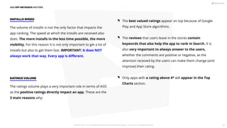 ASO OFF-METADATA FACTORS
The volume of installs is not the only factor that impacts the
app ranking. The speed at which the installs are received also
does. The more installs in the less time possible, the more
visibility. For this reason it is not only important to get a lot of
installs but also to get them fast. IMPORTANT: It does NOT
always work that way. Every app is diﬀerent.
INSTALLS SPEED
The ratings volume plays a very important role in terms of ASO
as the positive ratings directly impact an app. These are the
3 main reasons why:
RATINGS VOLUME
The best valued ratings appear on top because of Google
Play and App Store algorithms.
The reviews that users leave in the stores contain
keywords that also help the app to rank in Search. It is
also very important to always answer to the users,
whether the comments are positive or negative, as the
attention received by the users can make them change (and
improve) their rating.
Only apps with a rating above 4* will appear in the Top
Charts section.
PICKASO 2021 ı Your App Marketing, ASO and Mobile Growth agency ı pickaso.com ı info@pickaso.com 35
 