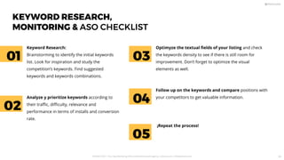 KEYWORD RESEARCH,
MONITORING  ASO CHECKLIST
Keyword Research:
Brainstorming to identify the initial keywords
list. Look for inspiration and study the
competition’s keywords. Find suggested
keywords and keywords combinations.
Optimyze the textual ﬁelds of your listing and check
the keywords density to see if there is still room for
improvement. Don’t forget to optimize the visual
elements as well.
Analyze y prioritize keywords according to
their traﬃc, diﬃculty, relevance and
performance in terms of installs and conversion
rate.
Follow up on the keywords and compare positions with
your competitors to get valuable information.
¡Repeat the process!
01 03
04
05
02
PICKASO 2021 ı Your App Marketing, ASO and Mobile Growth agency ı pickaso.com ı info@pickaso.com 54
 