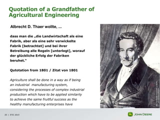 dass man die „die Landwirtschaft als eine
Fabrik, aber als eine sehr verwickelte
Fabrik [betrachtet] und bei ihrer
Betreibung alle Regeln [unterlegt], worauf
der glückliche Erfolg der Fabriken
beruhet.“
Qutotation from 1801 / Zitat von 1801
Agriculture shall be done in a way as if being
an industrial manufacturing system,
considering the processes of complex industrial
production which have to be applied similarily
to achieve the same fruitful success as the
healthy manufacturing enterprises have
Albrecht D. Thaer wollte, ...
Quotation of a Grandfather of
Agricultural Engineering
| ETIC 201520
 