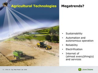 | Prof. Dr.- Ing. Peter Pickel | Jan. 201611
• Sustainability
• Automation and
autonomous operation
• Reliability
• Electrification
• Internet of
(almost every)thing(s)
and services
Agricultural Technologies Megatrends?
 