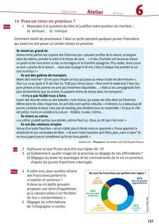 14 Peut-on vivre en province ?
1 Répondez à la question du titre et justifiez votre position de manière...
a) sérieuse ; b) ironique.
Comment vivent les provinciaux ? Voici ce qu’en pensent quelques jeunes Franciliens
qui vivent ou ont passé un certain temps en province.
Ils vivent au grand air.
Ariane envie parfois ses copains des Cévennes qui «peuvent profiter de la nature, se baigner
dans les rivières, prendre le soleil et le temps de vivre... »A Dax, Charlotte est heureuse d'avoir
un jardin et de vivre entre la mer, la montagne et la frontière espagnole. Plus isolée, Anne-Laure
se sent «proche de la nature... mais avec la plage à 30 mn, il faut à chaque fois prendre la voi­
ture ou le bus !»
Ils ont des galères de transport.
Marie doit marcher «20 mn pour choper un bus qui passe au mieux toutes les demi-heures »,
Paul-Luc va au lycée à 1h de chez lui, 1h30 pour Anne-Laure. «Pour sortir le week-end, il faut tou­
jours prévoir, et les parents ne sont pas forcément disponibles... »Mais si les campagnards font
plus de kilomètres que les autres, ils passent moins de temps dans les transports !
«Il n'y a pas 10.000trucs à faire,
à part des feux de camp ou des balades »note Ariane, qui passe ses étés dans les Cévennes.
Même dans les villes moyennes, les activités sont parfois réduites. «AVierzon, ily a beaucoup de
jeunes, constate Arnaud, mais pas de bowling, pas d'endroitpour se rassembler. »Et plus la ville
est petite, moins on accède à ia culture - théâtre, musée, cinéma...
Ils vivent au calme.
«Le calme, ça plaît surtout aux adultes, estime Paul-Luc. Nous, on dit que c'est mort. »
Ils ont des relations simples.
Venue d'un lycée francilien «où on n'allait plus à l'école mais au spectacle », Prune apprécie ia
simplicité de ses camarades de Blois :«Ils sont moins hautains qu'à Paris, plus „cœur à cœur". Ils
ne nousjugent pas et considèrent qu’on est tous pareils. »
Extraits de :Phosphore, Novembre 2013 © Bayard Presse
2 Expliquez ce que Prune veut dire aux lignes 36-37.
3 a) Globalement, quelle image de la province se dégage de ces affirmations ?
b) Dégagez du texte les avantages et les inconvénients de la vie en province,
d'après les jeunes Franciliens interrogés.
4 A votre avis, pour quelles raisons
des Franciliens partent-ils
s’installer en province ?
A deux ou en petits groupes,
proposez une série d'hypothèses
puis classez celles-ci en fonction
de leur « vraisemblance ».
5 Dégagez les informations
de l’infographie ci-contre.
137
 