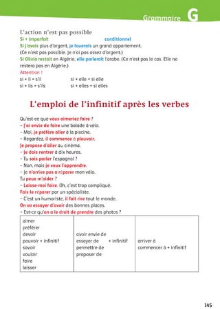 L’action n ’est pas possible
Si + imparfait conditionnel
Si j’avais plus d'argent, je louerais un grand appartement.
(Ce n’est pas possible. Je n'ai pas assez d’argent.)
Si Olivia restait en Algérie, elle parlerait l'arabe. (Ce n'est pas le cas. Elle ne
restera pas en Algérie.)
Attention !
si +il =s'il si +elle =si elle
si +ils =s’ils si +elles =si elles
L’emploi de l’infinitif après les verbes
Qu'est-ce que vous aimeriez faire ?
-J ’ai envie de faire une balade à vélo.
- Moi, je préfère aller à la piscine.
- Regardez, il commence à pleuvoir.
Je propose d’aller au cinéma.
- Je dois rentrer à dix heures.
- Tu sais parler l'espagnol ?
- Non, mais je veux l’apprendre.
- Je n’arrive pas a réparer mon vélo.
Tu peux m’aider ?
- Laisse-moi faire. Oh, c'est trop compliqué.
Fais-le réparer par un spécialiste.
- C'est un humoriste, il fait rire tout le monde.
On va essayer d’avoir des bonnes places.
- Est-ce qu’on a le droit de prendre des photos ?
aimer
préférer
devoir avoir envie de
pouvoir + infinitif essayer de + infinitif arriver à
savoir permettre de commencer à + infinitif
vouloir proposer de
faire
laisser
145
 