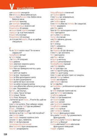 une excursion екскурсія
Elle s'excuse. Вона вибачається.
Excuse-moi./Excusez-moi. Вибач мене.
Вибачте мене,
un exemple приклад
par exemple наприклад
exotique/exotique екзотичний
l'expérience (f.)досвід
un expert/une experte експерт
expliquer qc a qn пояснювати
l'export (m.) експорт
l'exportation (f.) експорт
Je n'ai pas fait exprès. Я це не зробив
спеціально.
F
Tu es fâché contre nous? Ти на мене
сердишся?
facile/facile легкий
la faim голод
J'ai faim. Я голодний,
faire робити
faire attention звертати увагу
faire cuire готувати
faire faire qc примусити когось щось
зробити
faire venir qn прийти
faire la bise поцілувати
faire la fête організувати свято
faire le plein дозаправити
faire partie de бути частиною
faire sa valise складати валізу
faire une affaire/des affaires укласти угоду
Fais voir. Подивимося.
Ça fait... Це коштує...
Il fait beau. Гарна погода.
Il fait chaud. Тепло.
Il fait froid. Холодно.
J'aimerais qu'on fasse ... Я хотів би, щоб ми
зробили...
Usa fait le numéro. Ліза набирає номер.
Ou'est-ce qu'on fait? Що ми робимо?
Il faut... Потрібно...
il faut que потрібно щоб
Qu'est-ce qu'il te faut? Що тобі потрібно?
une famille сім'я
une famille modeste скромна сім'я
un/une fan фан, любитель
être fan de бути фаном
fantastique фантастичний
être fasciné(e) бути зачарованим
fasciner зачаровувати
fatigué/fatiguée стомлений
un fauteuil крісло
C'est faux. Це неправильно,
une femme жінка
une fenêtre вікно
Il est fermé./Elle est fermée. Він закритий,
fermer закривати
une fête свято
faire la fête організувати свято
fêter святкувати
un feu/des feux вогонь
février (m.) лютий
une fille дівчина, донька
un fils син
la fin кінець
à la fin наприкінці
la finale фінал
les finances (f.) (pi) фінанси
C'est fini. Це закінчено.
finir закінчувати
une fleur квітка
à fleurs y квіточку
un fleuve річка (велика)
flexible/flexible гнучкий
une flûte флейта
le foie gras фуа гра
une fois одного разу, якось
cette fois цього разу
trois fois par semaine тричі на тиждень
dans le fond y глибині
fonder засновувати
une fontaine фонтан
le foot футбол
un footballeur professionnel професійний
футбол
la forêt tropicale тропічний ліс
avoir la forme мати форму
fort/forte сильний
C'est fou! Це божевілля!
un foulard шарф
une foule натовп
une fourchette виделка
frais/fraîche свіжий
une fraise суниця
une framboise малина
le français французька мова
On y parle français. Тут розмовляють
французькою.
un Français/une Française француз
en France y Франції
franco-allemand/franco-allemande
французько-німецький
frapper стукати
 