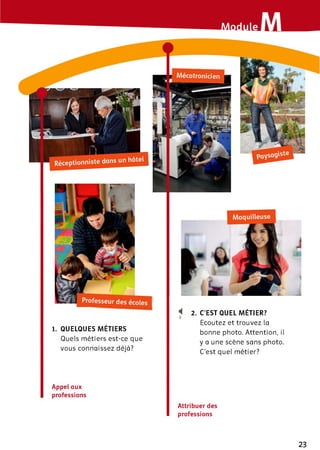 2. C’EST QUEL MÉTIER?І
1. QUELQUES MÉTIERS
Quels m étiers est-ce que
vous connaissez déjà?
Ecoutez et trouvez la
bonne photo. Attention, il
y a une scène sans photo.
C’est quel m étier?
Appel aux
professions
Attribuer des
professions
23
 