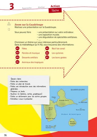 і Approche______ Atelier
О
©®
□
Action
Zoom sur la Guadeloupe
Réalisez une présentation sur la Guadeloupe.
Vous pouvez faire une présentation sur votre ordinateur.
une exposition murale.
une dégustation de spécialités antillaises.
Choisissez un thème qui vous intéresse particulièrement.
Dans la médiathèque (p 71-75), vous trouverez des informations:
Fêtes Récif de corail
Paroles et musique Les cyclones
Desserts antillais Les bons gestes
Animaux des tropiques
S a v o ir-fa ire
■Faites des recherches.
• Faites an plan de travail.
• Faites ane introduction avec des inform ations
générales.
• Préparez un texte.
■Illu s tre z -le (photos, cartes, graphiques).
• Faites un dictionnaire pour les autres groupes.
• E ntraînez-vous à présenter.
Grande-Terre
G U A D E L O U P E
La Désirade
Basse-
Terre
■4J
Terre-de-Bas
O c é a n A t l a n t i q u e
■Basse-Terre
 