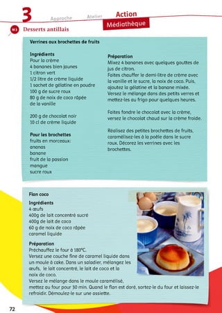 а Approche
atpiier Action
Desserts antillais
Verrines aux brochettes de fruits
Ingrédients
Pour la crème
4 bananes bien jaunes
1 citron vert
1 /2 litre de crème liquide
1 sachet de gélatine en poudre
100 g de sucre roux
80 g de noix de coco râpée
de la vanille
2 0 0 g de chocolat noir
10 cl de crème liquide
Pour les brochettes
fruits en morceaux:
ananas
banane
fruit de la passion
mangue
sucre roux
Préparation
Mixez 4 bananes avec quelques gouttes de
jus de citron.
Faites chauffer le demi-litre de crème avec
la vanille et ie sucre, la noix de coco. Puis,
ajoutez la gélatine et la banane mixée.
Versez ie mélange dans des petits verres et
mettez-les au frigo pour quelques heures.
Faites fondre le chocolat avec la crème,
versez le chocolat chaud sur la crème froide.
Réalisez des petites brochettes de fruits,
caramélisez-les à la poêle dans le sucre
roux. Décorez les verrines avec les
brochettes.
Flan coco
Ingrédients
4 œufs
400g de lait concentré sucré
400g de lait de coco
60 g de noix de coco râpée
caramel liquide
Préparation
Préchauffez le four à 180°C.
Versez une couche fine de caramel liquide dans
un moule à cake. Dans un saladier, mélangez les
œufs, le lait concentré, le lait de coco et la
noix de coco.
Versez le mélange dans le moule caramélisé,
mettez au four pour 30 min. Quand le flan est doré, sortez-le du four et laissez-le
refroidir. Démoulez-le sur une assiette.
 
