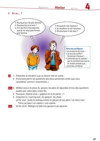 Approche ___ Atelier Action 4
5 Et si... ?
1. Pourquoi je n'ai pas d'amis?
2. Pourquoi je suis seul ?
3. Et si je dis à mes parents
que je ne veux pas former
une famille.
1. Et quand il se mariera ?
2. Je voudrais le voir heureux.
3. Et pourquoi il est seul ?
O
o
<
Faire une confidence
• je voulais te dire que...
• j'ai qc à te confier/
t'annoncer/t'avouer :...
• j'aimerais que tu saches/
que tu comprennes/que tu
te rendes compte que...
• je te fais confiance
Щ 1 Présentez la situation que ce dessin met en scène.
2 Choisissez parmi les questions des deux personnes celles que vous
considérez comme « essentielles ».
Mettez-vous à la place du garçon / du père et répondez à trois des questions
posées par votre père/votre fils.
Pourquoi, d’après vous, « gagne-t-on à en parler » ?
Imaginez le « coming out » du garçon. Au choix :
a) Par oral : Jouez le dialogue entre le garçon et son père / sa mère / son
frère/sa sœ ur/un copain / une copine.
b) Par écrit : Rédigez la lettre du garçon à ses parents.
87
 