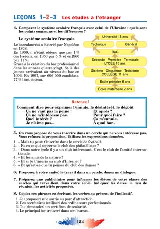 LEÇONS 1-A -l Les éludes à l'étranger
4. Comparez le système scolaire français avec celui de l’Ukraine : quels sont
les points communs et les différences ?
Le système scolaire français
Le baccalauréat a été créé par Napoléon
en 1808.
En 1900, il n’était obtenu que par 1 %
des lycéens, en 1950 par 5 % et enl960
par 11 %.
Grâce à la création du bac professionnel
dans les années quatre-vingt, 64 % des
jeunes arrivaient au niveau du bac en
1996. En 1997, sur 606 000 candidats,
77 % l’ont obtenu.
Technique
Université 18 ans
B A C
N
G énéral
S eco n d e Prem ière Term inale
L Y C É E 15 ans
Sixièm e Cinquièm e Troisièm e
C O L L È G E 11 ans
École primaire 6 ans
École m aternelle 2 ans
Retenez !
Comment dire pour exprimer l’ennuie, le désintérêt, le dégoût
Ça ne vaut pas la peine ! Et après ?
Ça ne m’intéresse pas. Pour quoi faire ?
Quel intérêt ? Ça m’ennuie.
Je n’aime pas... A quoi bon.
5. On vous propose de vous inscrire dans un cercle qui ne vous intéresse pas.
Vous refusez la proposition. Utilisez les expressions données.
1. - Mais tu peux t’inscrire dans le cercle de football.
2. - Et en ce qui concerne le club des philatélistes ?
3. - Dans notre école il y a un club intéressant. C’est le club de l’amitié interna­
tionale.
4. - Et les amis de la nature ?
5. - Et si tu t’inscris au club d’Internet ?
6. - Et qu’est-ce que tu penses du club des danses ?
6. Proposez à votre ami(e) le travail dans un cercle. Jouez un dialogue.
7. Préparez une publicitaire pour informer les élèves de votre classe des
cercles qui travaillent dans votre école. Indiquez les dates, le lieu de
réunion, les activités proposées.
8. Copiez ces phrases en écrivant les verbes au présent de l’indicatif.
1. Je (proposer) une sortie au parc d’attraction.
2. Ces secrétaires (utiliser) des ordinateurs perfectionnés.
3. Tu (demander) un certificat de scolarité.
4. Le principal (se trouver) dans son bureau.
154
 