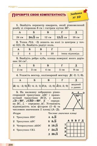 РОЗДІЛ з .
ПЕРЕВІРТЕ СВОЮ КОМПЕТЕНТНІСТЬ завдання
11 № 1 °
Ф
1. Знайдіть периметр квадрата, який рівновеликий
ромбу зі стороною 6 см і гострим кутом 30°.
А Б В Г д
2 4 с м 2 4  / 2 с м 1 2 с м 1 2 ^ /2 с м 1 8 с м
2. Точка Р(4; -2) лежить на колі із центром у точ­
ці 0(1; 2). Знайдіть радіус кола.
А Б В Г Д
2 4 5 1 0 і н ш а в ід п о в ід ь
3. Знайдіть ребро куба, площа поверхні якого дорів­
нює 54 см2.
А Б В Г д
2 с м 3 с м 4 с м 5 с м 9 с м
4. Укажіть вектор, колінеарний вектору р (-2; 1; 0).
А Б В Г д
о ( - 4 ; - 2 ; 0 ) Ь ( - 4 ; 2 ; 1 ) с ( 4 ; - 2 ; 0 ) 3 ( 4 ; 2 ; 0 )
ж о д н и й
з д а н и х
5. На малюнку зображено рівно-
сторонній трикутник ABC і прямо­
кутний трикутник BCD, у якого
ZD = 90°, ZCBD = 60°. К - середи­
на ВС, L - середина АС. Установіть
відповідність між фігурою (1-4) та
числовим значенням її площі (А-Д).
Фігура
1 Т р и к у т н и к BDC
2 Т р и к у т н и к ABC
3 Ч о т и р и к у т н и к ABDC
4 Т р и к у т н и к CKL
D
Числове значення площі
А 4л/3
Б 8 уіЗ
В 1 6 ^
Г 2 4 л /3
Д 36ч/3
А Б В Г Д
>
200
 