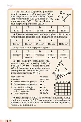 РОЗДІЛ 4
2. На малюнку зображено рівнобед-
рений трикутник ABC з основою АС та
рівносторонній трикутник BCD. Пери­
метр трикутника ABC дорівнює 14 см,
а трикутника BCD - 15 см. Знайдіть
периметр чотирикутника ABDC.
А Б В Г д
29 см 25 см 22 см 19 см 18 см
3. Довжина кола основи циліндра дорівнює 8л см, а ви­
сота циліндра дорівнює 5 см. Знайдіть об’єм циліндра.
А Б В Г д
40л см3 20л см3 80л см3 16л см3 120л см3
4. Діагональним перерізом куба є ...
А Б в г д
квадрат три­
кутник
трапеція прямо­
кутник
шести­
кутник
5. На малюнку зображено пра­
вильну трикутну піраміду QABC, у
якої QB = 10, QK - висота піраміди,
QK = 8. Установіть відповідність між
геометричною величиною (1-4) та її
числовим значенням (А-Д).
Геометрична
величина
1 Висота основи піраміди
2 Площа основи піраміди
3 Площа перерізу, що
проходить через бічне
ребро і апофему
4 Об’єм піраміди
Числове
значення
А 9
Б 27
В 36
Г 27л/3
Д 72-JS
6. Паралелограм ATBCD не перетинає площину а. Від­
стані від вершин А, В і С до площини а відповідно до­
рівнюють 3 см, 7 см і 8 см. Знайдіть відстань (у см) від
точки D до площини а.
240
 