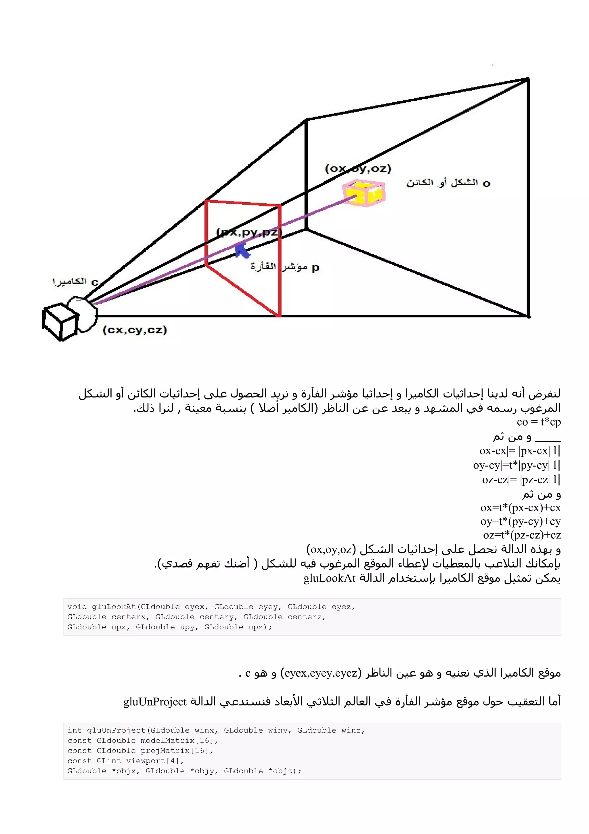 ‫لنفرض أنه لدينا إحداثيات الكاميرا و إحداثيا مؤشر الفأرة و نريد الحصول على إحداثيات الكائن أو الشكل‬
            .‫المرغوب رسمه في المشهد و يبعد عن عن الناظر )الكامير أصل ( بنسبة معينة , لنرا ذلك‬
                                                                                            co = t*cp
                                                                                      ‫____ و من ثم‬
                                                                                   ox-cx|= |px-cx| l|
                                                                                  oy-cy|=t*|py-cy| l|
                                                                                    oz-cz|= |pz-cz| l|
                                                                                             ‫و من ثم‬
                                                                                   ox=t*(px-cx)+cx
                                                                                   oy=t*(py-cy)+cy
                                                                                    oz=t*(pz-cz)+cz
                                               (ox,oy,oz) ‫و بهذه الدالة نحصل على إحداثيات الشكل‬
                .(‫بإمكانك التلعب بالمعطيات لعطاء الموقع المرغوب فيه للشكل ) أضنك تفهم قصدي‬
                                              gluLookAt ‫يمكن تمثيل موقع الكاميرا بإستخدام الدالة‬

void gluLookAt(GLdouble eyex, GLdouble eyey, GLdouble eyez,
GLdouble centerx, GLdouble centery, GLdouble centerz,
GLdouble upx, GLdouble upy, GLdouble upz);




                                   . c ‫( و هو‬eyex,eyey,eyez ) ‫موقع الكاميرا الذي نعنيه و هو عين الناظر‬

           gluUnProject ‫أما التعقيب حول موقع مؤشر الفأرة في العالم الثلثي البعاد فنستدعي الدالة‬

int gluUnProject(GLdouble winx, GLdouble winy, GLdouble winz,
const GLdouble modelMatrix[16],
const GLdouble projMatrix[16],
const GLint viewport[4],
GLdouble *objx, GLdouble *objy, GLdouble *objz);
 