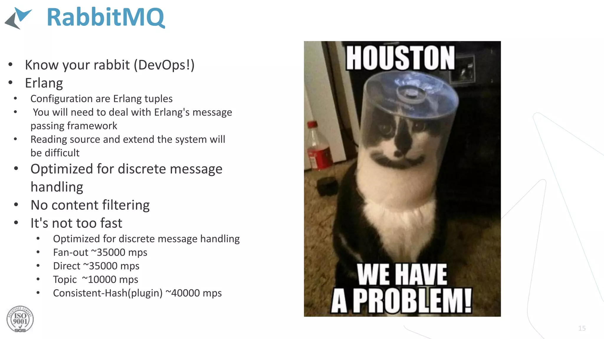 RabbitMQ
15
• Know your rabbit (DevOps!)
• Erlang
• Configuration are Erlang tuples
• You will need to deal with Erlang's message
passing framework
• Reading source and extend the system will
be difficult
• Optimized for discrete message
handling
• No content filtering
• It's not too fast
• Optimized for discrete message handling
• Fan-out ~35000 mps
• Direct ~35000 mps
• Topic ~10000 mps
• Consistent-Hash(plugin) ~40000 mps
 