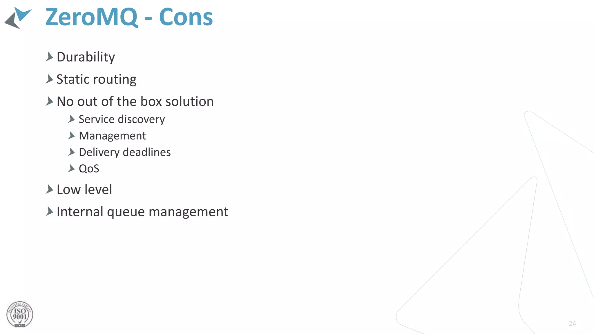 ZeroMQ - Cons
24
Durability
Static routing
No out of the box solution
Service discovery
Management
Delivery deadlines
QoS
Low level
Internal queue management
 