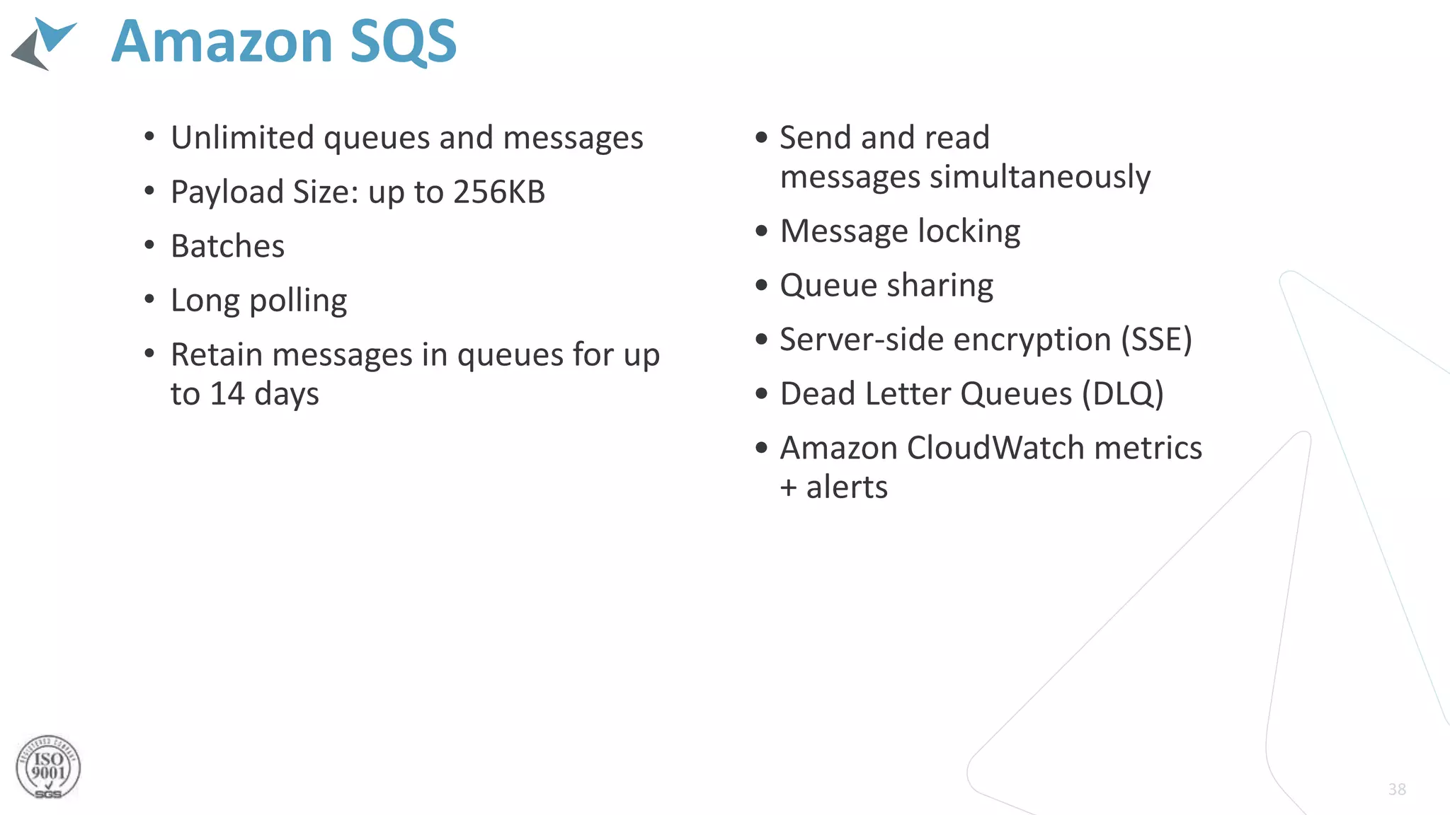 Amazon SQS
• Unlimited queues and messages
• Payload Size: up to 256KB
• Batches
• Long polling
• Retain messages in queues for up
to 14 days
38
• Send and read
messages simultaneously
• Message locking
• Queue sharing
• Server-side encryption (SSE)
• Dead Letter Queues (DLQ)
• Amazon CloudWatch metrics
+ alerts
 