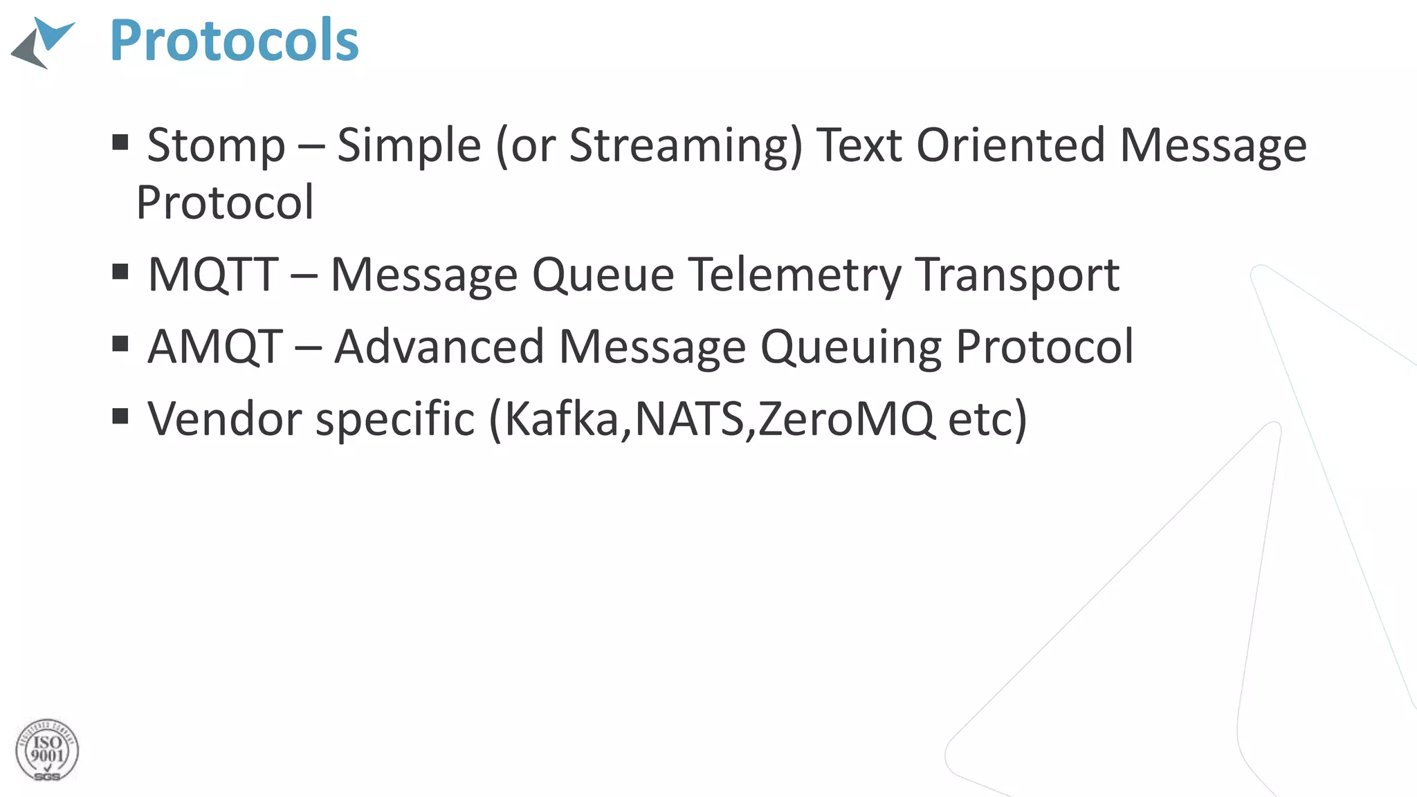 Protocols
 Stomp – Simple (or Streaming) Text Oriented Message
Protocol
 MQTT – Message Queue Telemetry Transport
 AMQT – Advanced Message Queuing Protocol
 Vendor specific (Kafka,NATS,ZeroMQ etc)
 