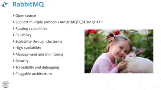 RabbitMQ
Open source
Support multiple protocols AMQP,MQTT,STOMP,HTTP
Routing capabilities
Reliability
Scalability through clustering
High availability
Management and monitoring
Security
Traceability and debugging
Pluggable architecture
13
 