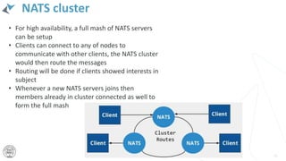 NATS cluster
49
• For high availability, a full mash of NATS servers
can be setup
• Clients can connect to any of nodes to
communicate with other clients, the NATS cluster
would then route the messages
• Routing will be done if clients showed interests in
subject
• Whenever a new NATS servers joins then
members already in cluster connected as well to
form the full mash
 