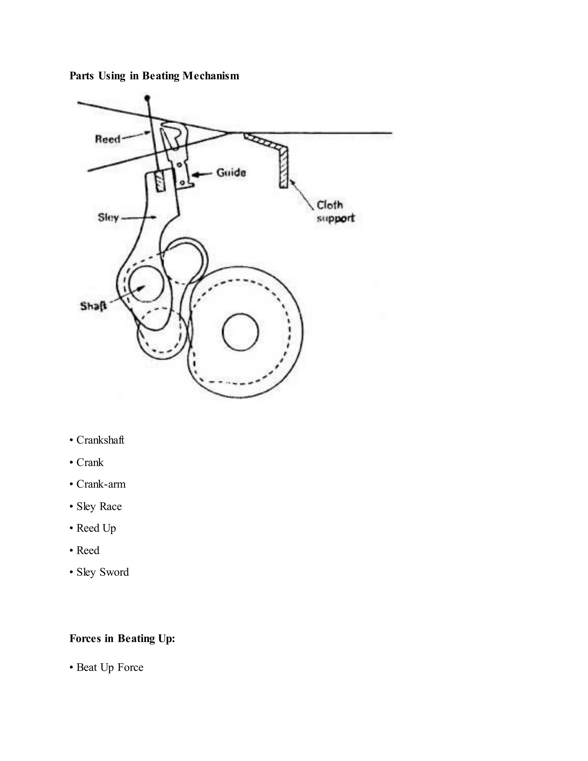 Parts Using in Beating Mechanism
• Crankshaft
• Crank
• Crank-arm
• Sley Race
• Reed Up
• Reed
• Sley Sword
Forces in Beating Up:
• Beat Up Force
 