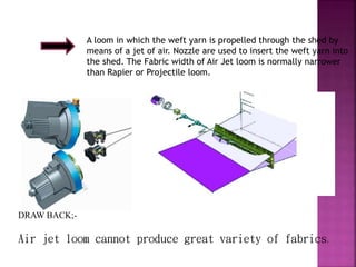 3) AIR JET ;-
A loom in which the weft yarn is propelled through the shed by
means of a jet of air. Nozzle are used to insert the weft yarn into
the shed. The Fabric width of Air Jet loom is normally narrower
than Rapier or Projectile loom.
DRAW BACK;-
Air jet loom cannot produce great variety of fabrics.
 