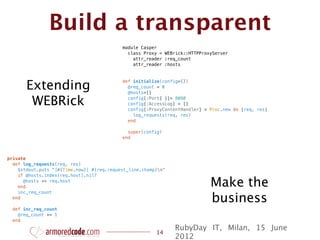 Build a transparent
                                           module Casper
                                             class Proxy < WEBrick::HTTPProxyServer
                                               attr_reader :req_count
                                               attr_reader :hosts




       Extending
                                           def initialize(config={})
                                             @req_count = 0
                                             @hosts=[]

        WEBRick                              config[:Port] ||= 8080
                                             config[:AccessLog] = []
                                             config[:ProxyContentHandler] = Proc.new do |req, res|
                                               log_requests(req, res)
                                             end

                                             super(config)
                                           end



private
  def log_requests(req, res)
    $stdout.puts "[#{Time.now}] #{req.request_line.chomp}n"
    if @hosts.index(req.host).nil?
      @hosts << req.host
    end                                                                     Make the
                                                                            business
    inc_req_count
  end

  def inc_req_count
    @req_count += 1
  end
                                                               RubyDay IT, Milan, 15 June
                                                        14
                                                               2012
 