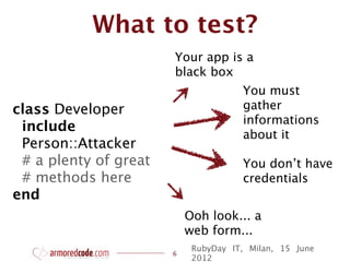 What to test?
                       Your app is a
                       black box
                                      You must
class Developer                       gather
                                      informations
 include
                                      about it
 Person::Attacker
 # a plenty of great                  You don’t have
 # methods here                       credentials
end
                           Ooh look... a
                           web form...
                            RubyDay IT, Milan, 15 June
                       6
                            2012
 
