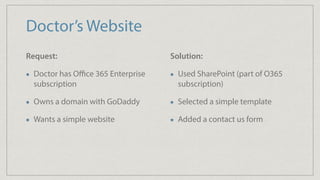 Doctor’s Website
Request:
Doctor has Oﬃce 365 Enterprise
subscription
Owns a domain with GoDaddy
Wants a simple website
Solution:
Used SharePoint (part of O365
subscription)
Selected a simple template
Added a contact us form
 