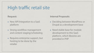 High traﬃc retail site
Request:
New API Integration to a SaaS
platform
Strong workflow management
and content staging/scheduling
Requires enterprise support, but
hosting to be done by the
retailer
Internal Proposals:
Deciding between WordPress or
Drupal as a development base
Need stable base for module
development to this SaaS
platform, which libraries are
provided in PHP
 