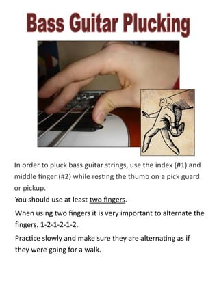 In order to pluck bass guitar strings, use the index (#1) and
middle finger (#2) while resting the thumb on a pick guard
or pickup.
You should use at least two fingers.
When using two fingers it is very important to alternate the
fingers. 1-2-1-2-1-2.
Practice slowly and make sure they are alternating as if
they were going for a walk.
 