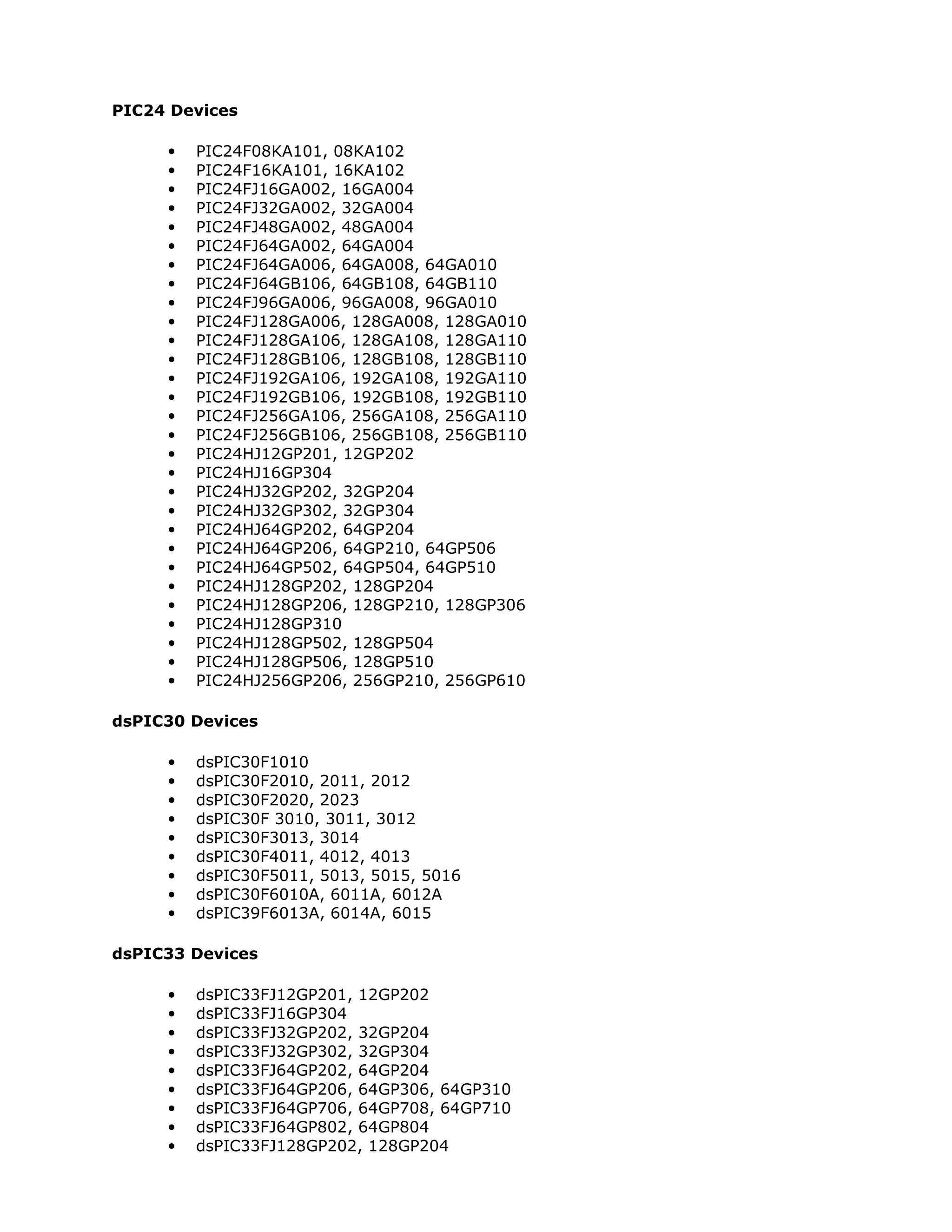 PIC24 Devices
•
•
•
•
•
•
•
•
•
•
•
•
•
•
•
•
•
•
•
•
•
•
•
•
•
•
•
•
•

PIC24F08KA101, 08KA102
PIC24F16KA101, 16KA102
PIC24FJ16GA002, 16GA004
PIC24FJ32GA002, 32GA004
PIC24FJ48GA002, 48GA004
PIC24FJ64GA002, 64GA004
PIC24FJ64GA006, 64GA008, 64GA010
PIC24FJ64GB106, 64GB108, 64GB110
PIC24FJ96GA006, 96GA008, 96GA010
PIC24FJ128GA006, 128GA008, 128GA010
PIC24FJ128GA106, 128GA108, 128GA110
PIC24FJ128GB106, 128GB108, 128GB110
PIC24FJ192GA106, 192GA108, 192GA110
PIC24FJ192GB106, 192GB108, 192GB110
PIC24FJ256GA106, 256GA108, 256GA110
PIC24FJ256GB106, 256GB108, 256GB110
PIC24HJ12GP201, 12GP202
PIC24HJ16GP304
PIC24HJ32GP202, 32GP204
PIC24HJ32GP302, 32GP304
PIC24HJ64GP202, 64GP204
PIC24HJ64GP206, 64GP210, 64GP506
PIC24HJ64GP502, 64GP504, 64GP510
PIC24HJ128GP202, 128GP204
PIC24HJ128GP206, 128GP210, 128GP306
PIC24HJ128GP310
PIC24HJ128GP502, 128GP504
PIC24HJ128GP506, 128GP510
PIC24HJ256GP206, 256GP210, 256GP610

dsPIC30 Devices
•
•
•
•
•
•
•
•
•

dsPIC30F1010
dsPIC30F2010, 2011, 2012
dsPIC30F2020, 2023
dsPIC30F 3010, 3011, 3012
dsPIC30F3013, 3014
dsPIC30F4011, 4012, 4013
dsPIC30F5011, 5013, 5015, 5016
dsPIC30F6010A, 6011A, 6012A
dsPIC39F6013A, 6014A, 6015

dsPIC33 Devices
•
•
•
•
•
•
•
•
•

dsPIC33FJ12GP201, 12GP202
dsPIC33FJ16GP304
dsPIC33FJ32GP202, 32GP204
dsPIC33FJ32GP302, 32GP304
dsPIC33FJ64GP202, 64GP204
dsPIC33FJ64GP206, 64GP306, 64GP310
dsPIC33FJ64GP706, 64GP708, 64GP710
dsPIC33FJ64GP802, 64GP804
dsPIC33FJ128GP202, 128GP204

 