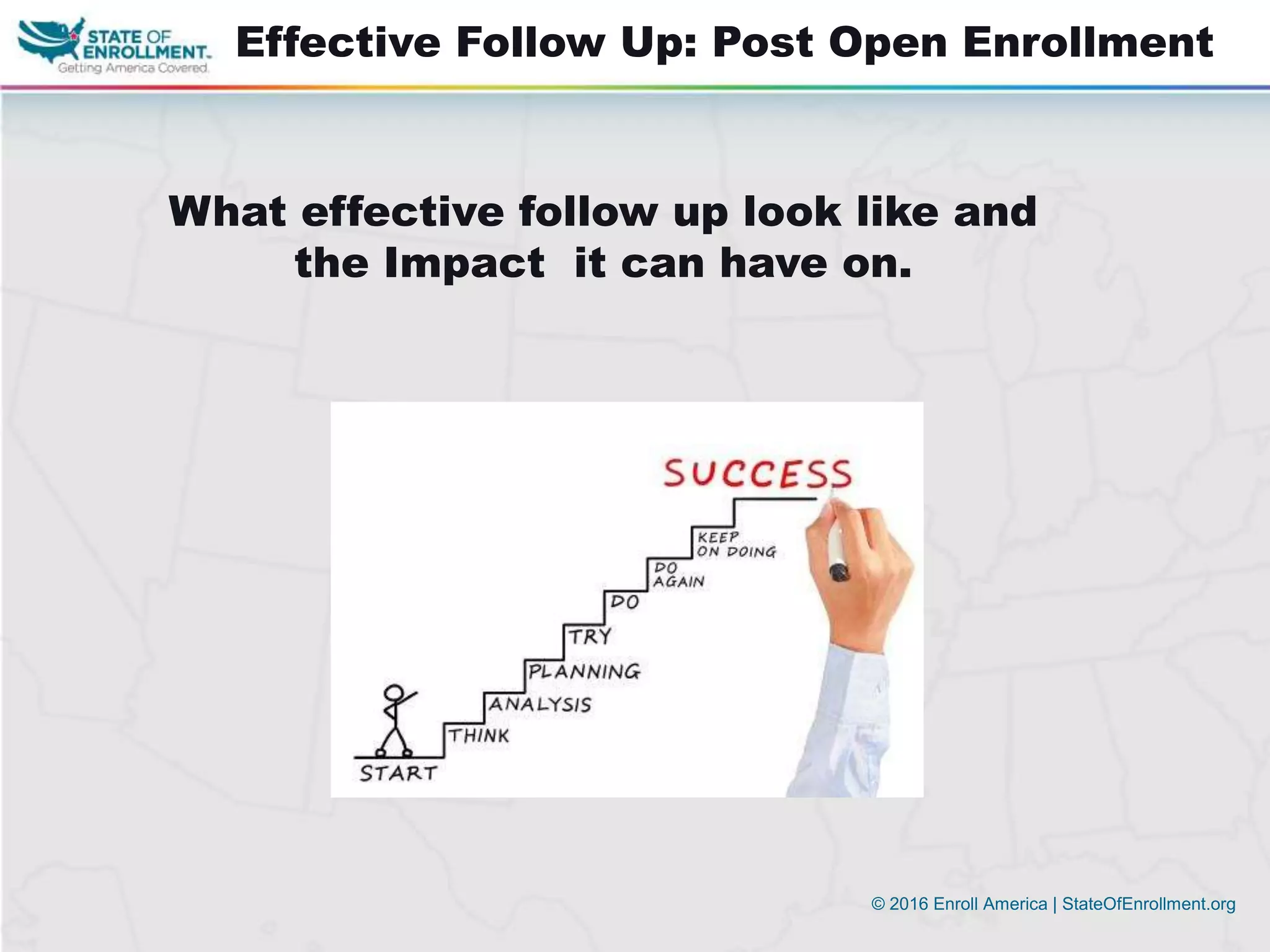 © 2016 Enroll America | StateOfEnrollment.org
What effective follow up look like and
the Impact it can have on.
Effective Follow Up: Post Open Enrollment
 