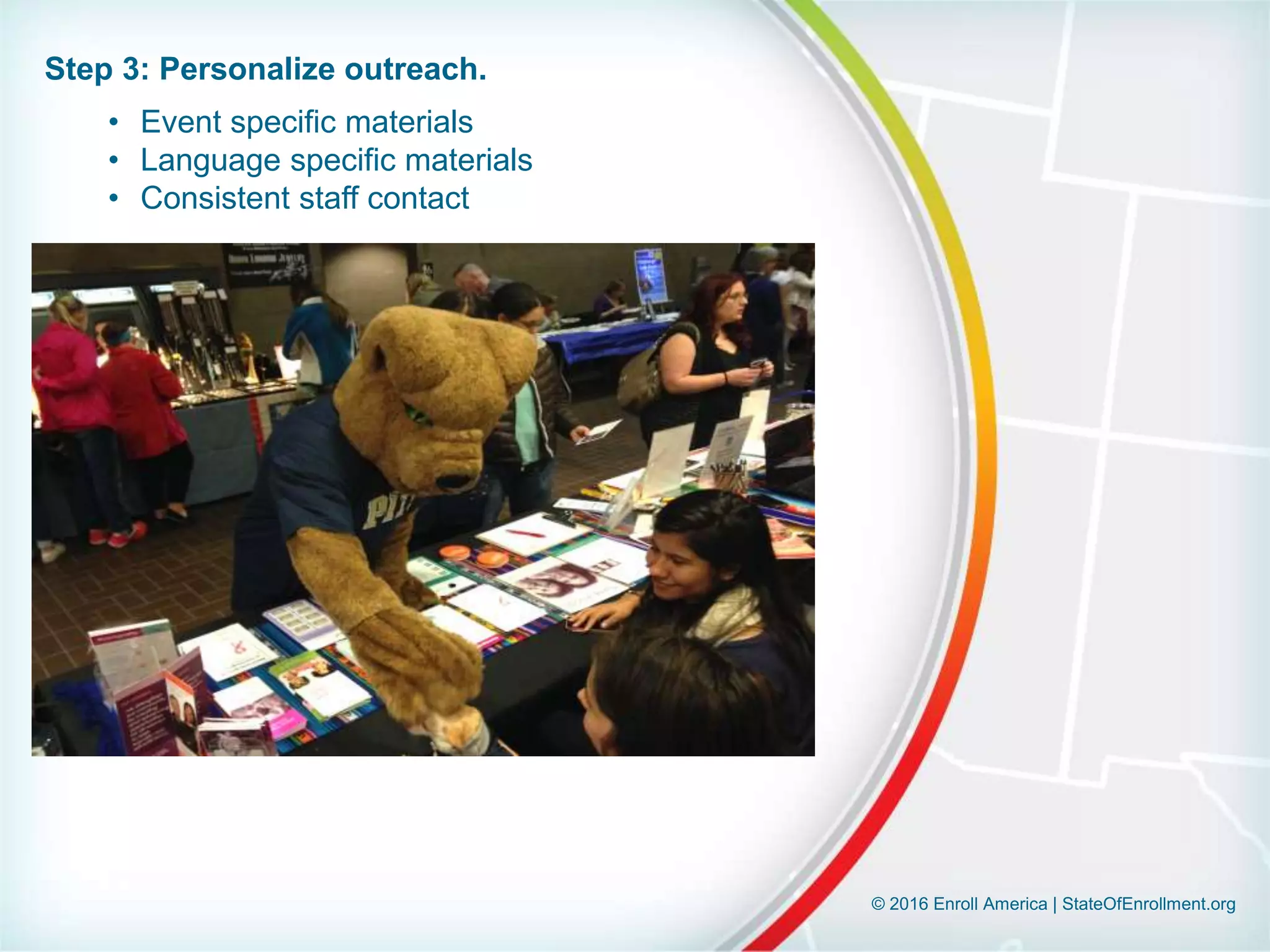© 2016 Enroll America | StateOfEnrollment.org
Step 3: Personalize outreach.
• Event specific materials
• Language specific materials
• Consistent staff contact
 