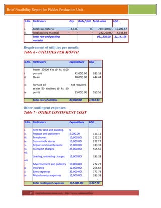 17 zia@milestonevision.com | http://www.ventureart.biz/ 
Brief Feasibility Report for Pickles Production Unit 
S.No. Particulars Qty. Rate/Unit Total value USD 
i. Total raw material 8,533 0 729,120.00 16,202.67 
ii. Total packing material 222,250.00 4,938.89 
Total raw and packing 
material 
951,370.00 21,141.56 
Requirement of utilities per month: 
Table 6 - UTILITIES PER MONTH 
S.No. Particulars Expenditure USD 
i 
Power 27000 KW @ Rs. 6.00 
per unit 42,000.00 933.33 
ii Steam 20,000.00 444.44 
iii Furnace oil - not required 
iv 
Water 50 kilolitres @ Rs. 50 
per KL 25,000.00 555.56 
Total cost of utilities 87,000.00 1,933.33 
Other contingent expenses: 
Table 7 - OTHER CONTINGENT COST 
S.No. Particulars Expenditure USD 
i. Rent for land and building. 0 - 
ii. Postage and stationery 5,000.00 111.11 
iii. Telephones 10,000.00 222.22 
iv. Consumable stores 10,000.00 222.22 
v. Repairs and maintenance 15,000.00 333.33 
vi. Transport charges 25,000.00 555.56 
vii. 
Loading, unloading charges 15,000.00 333.33 
viii 
Advertisement and publicity 10,000.00 222.22 
ix Insurance 12,000.00 266.67 
x Sales expenses 35,000.00 777.78 
xi Miscellaneous expenses 15,000.00 333.33 
- 
Total contingent expenses 152,000.00 3,377.78 
 